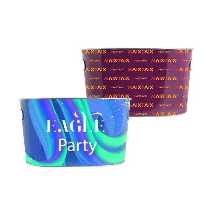 Two oval ice buckets in vibrant colours, one featuring a blue and green swirl design and the other in a reddish-purple with a logo.