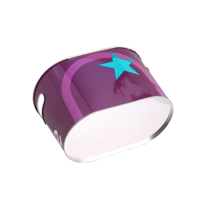 A purple oval ice bucket with a turquoise star design and a metallic finish. It includes handles for easy carrying.