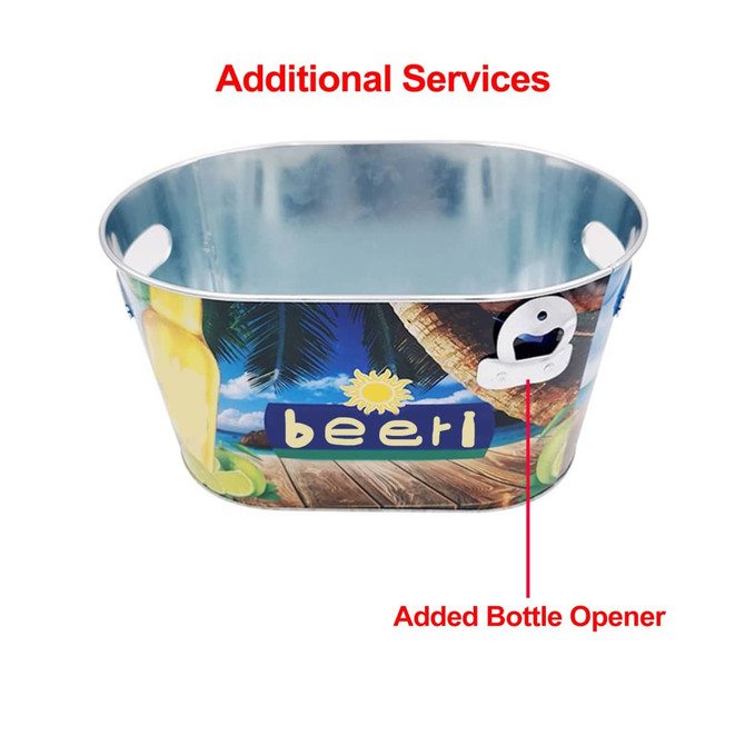 An oval ice bucket in metallic finish featuring a beach theme, with a bottle opener attachment.