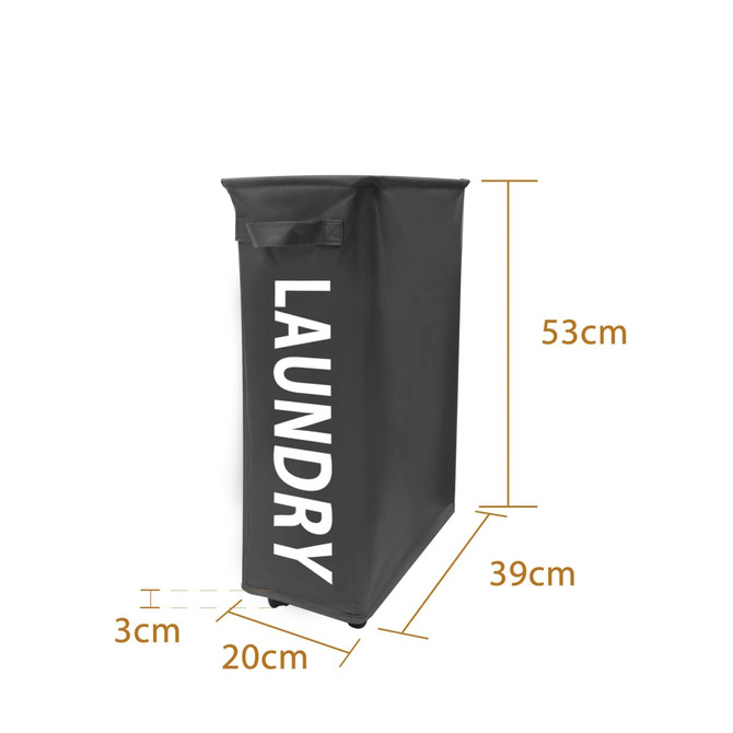 A black laundry basket with wheels, measuring 53cm high, 39cm wide, and 20cm deep, featuring the word "LAUNDRY."