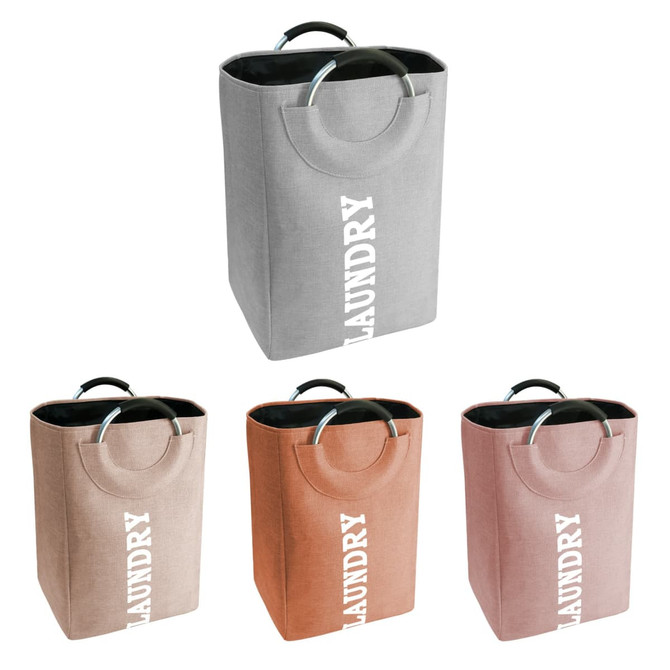 A laundry basket with a handle, available in grey, beige, and terracotta colours, featuring a branded logo.