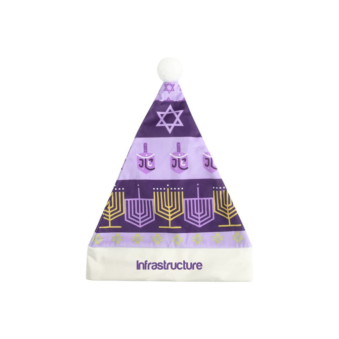 A purple holiday hat featuring a star, menorah, and dreidel designs, topped with a white pom-pom and a logo.
