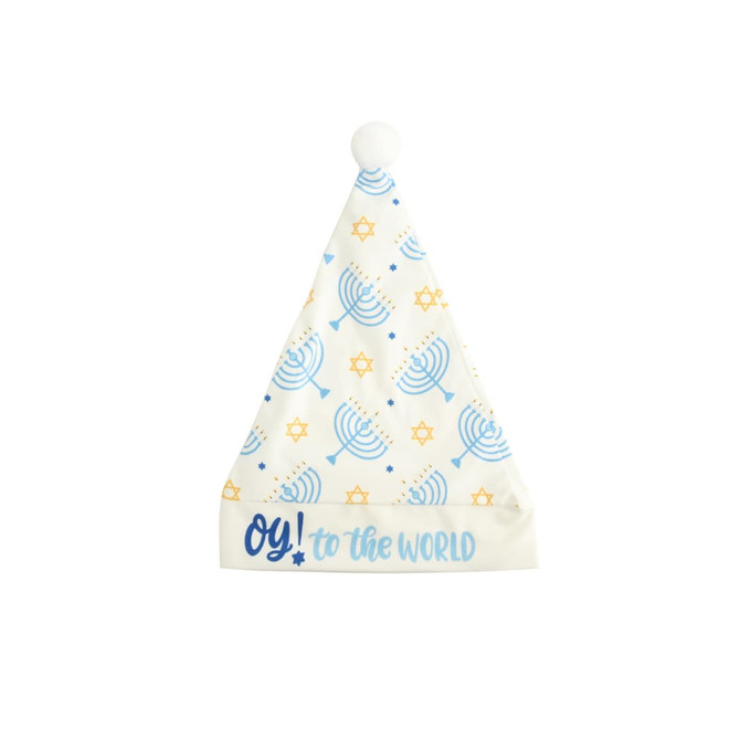 A festive Santa hat featuring blue and yellow designs of menorahs and stars on a white background.