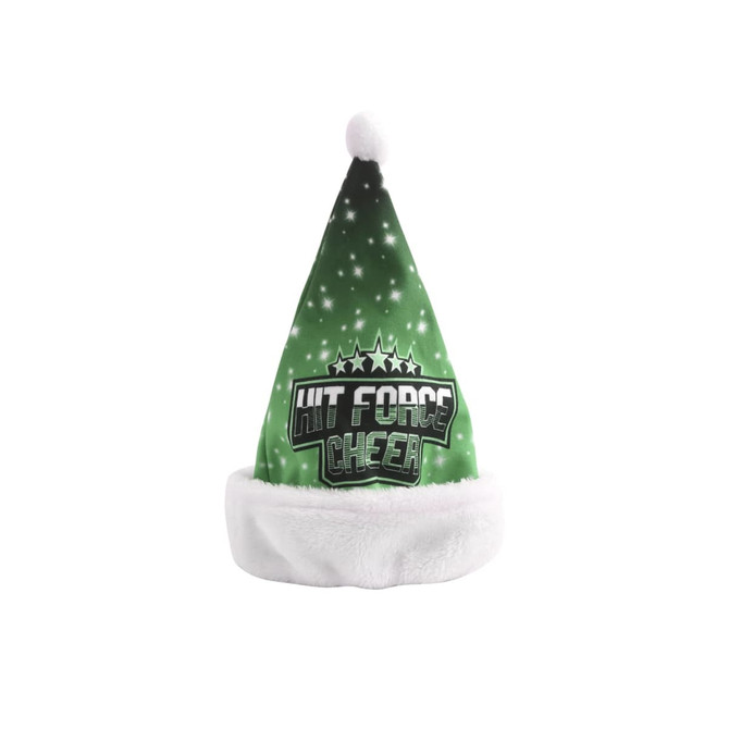 A green premium Santa hat with a white faux fur trim and a logo on the front, featuring a starry design.
