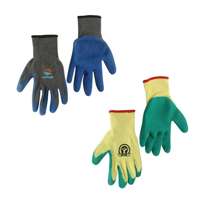Latex dipped gloves in grey with blue fingertips and yellow with green palms. Each pair features a logo.