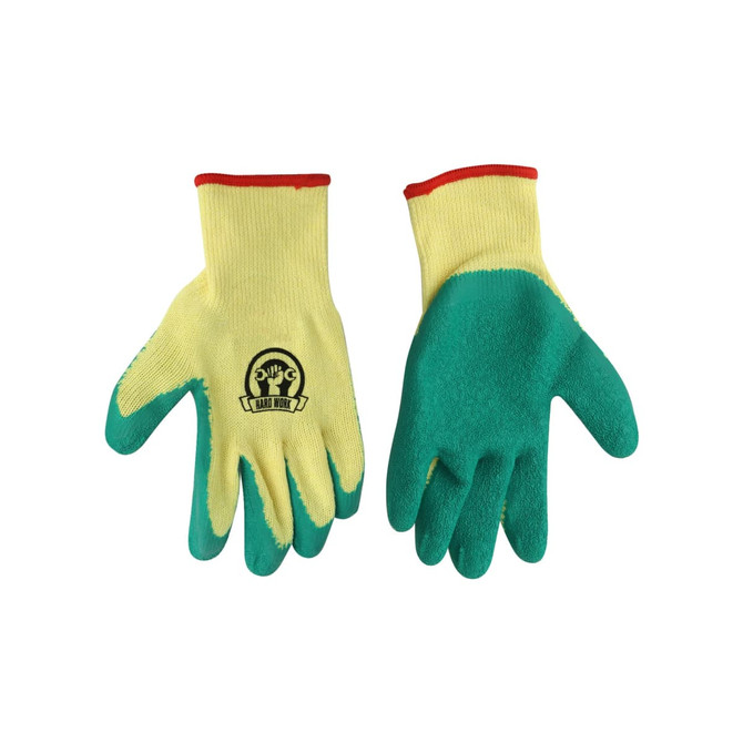 Latex dipped gloves in yellow and green, featuring a logo on one glove.