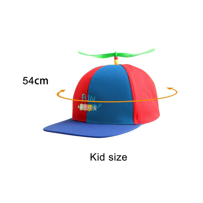 A red and blue Propeller Baseball Cap featuring a green propeller on top, designed in kid size.