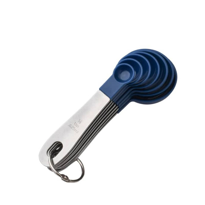 A set of measuring spoons in blue and stainless steel, neatly organised on a metal ring.