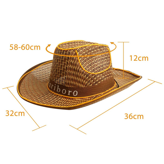 A light brown straw hat with yellow accents and measurements shown for size and dimensions. It features a logo.