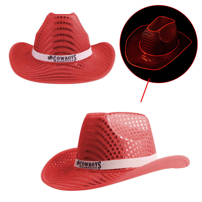 A red sequin cowboy hat with a white band and built-in lights, featuring a logo.