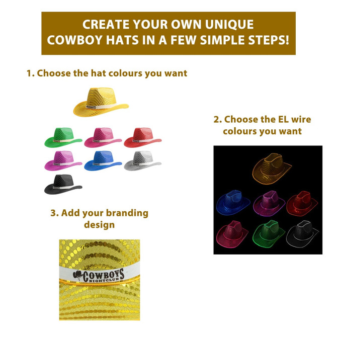Light up sequin cowboy hats in various colours, including pink, blue, silver, and black, with a decorative design.