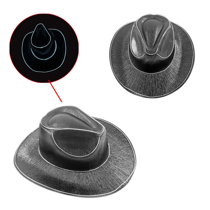 Light up cowboy hats in black with illuminated edges, featuring a classic cowboy hat design and a logo.
