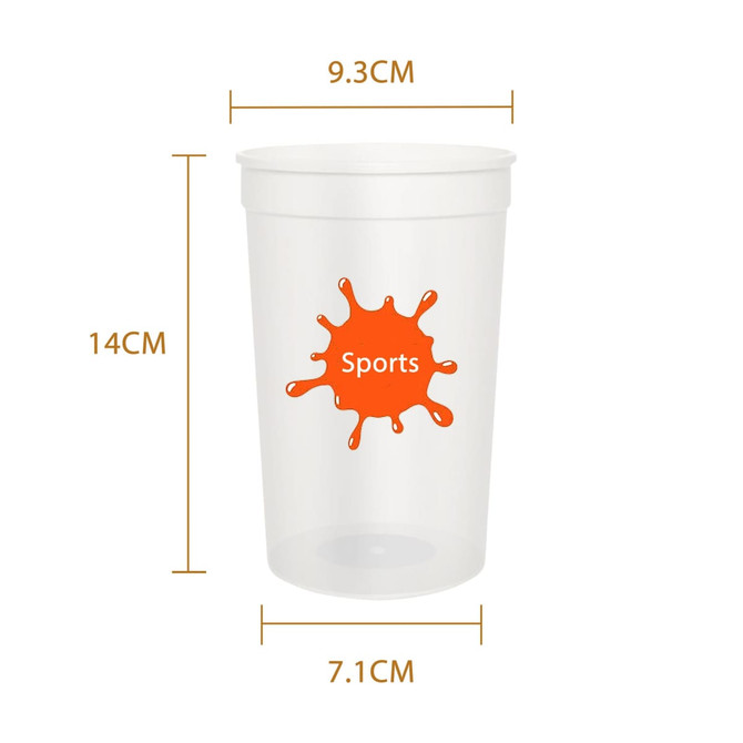 A translucent plastic stadium cup in clear with an orange splash design. Measures 14cm in height and 9.3cm in diameter. A translucent plastic stadium cup in clear with an orange splash design. Measures 14cm in height and 9.3cm in diameter.