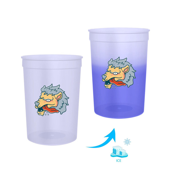 A drink cup featuring a logo, transitioning from clear to blue when filled, made from plastic. A drink cup featuring a logo, transitioning from clear to blue when filled, made from plastic.