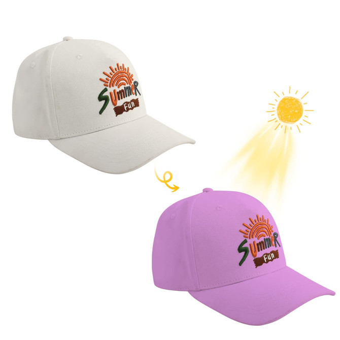 A colour changing baseball cap in white that transforms to pink in sunlight, featuring a logo on the front.