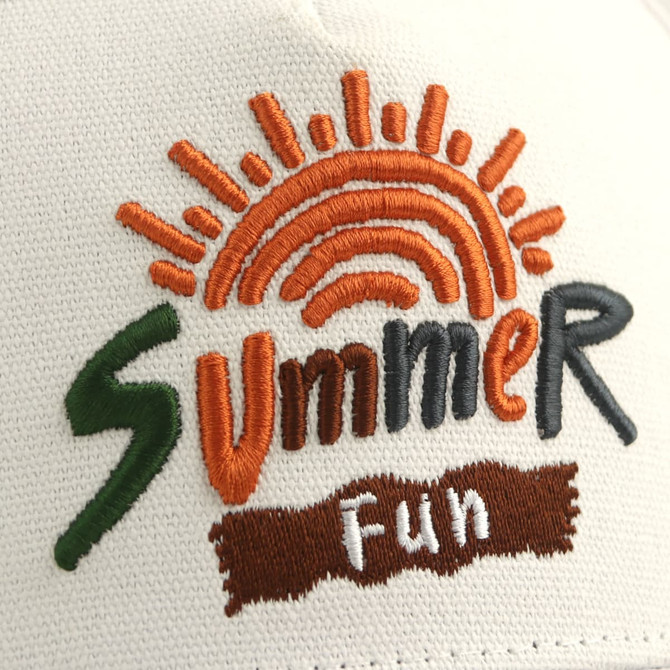 A white baseball cap featuring a colourful embroidered design of a sun and the words "Summer Fun." It has a logo.