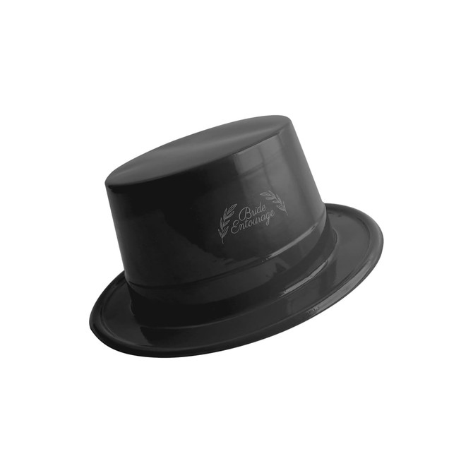 A black PVC top hat with a glossy finish, featuring a logo on the band.