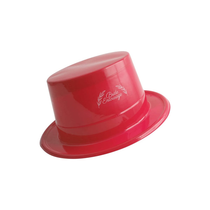 A shiny red PVC top hat with a decorative logo. It has a classic cylindrical shape and wide brim.