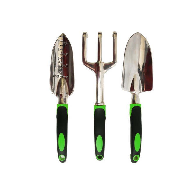 A garden hand tool set featuring three stainless steel tools with black and green ergonomic handles.