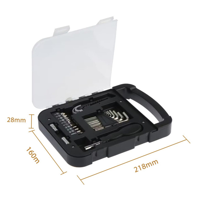 A black tool kit containing various tools and bits, housed in a clear lid case with a handle.