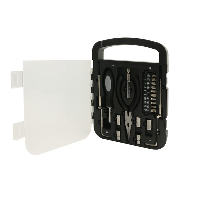 A black 22 in 1 hand tool set with pliers, various bits, and a handle, presented in a compact case.