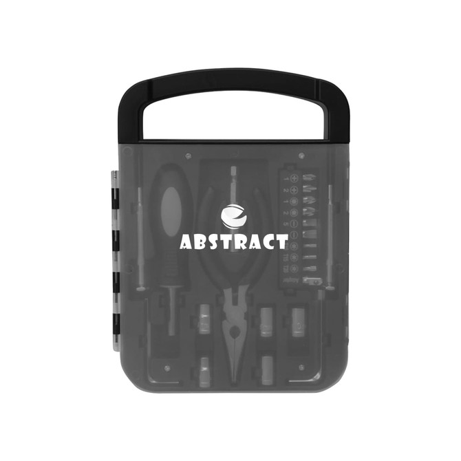 A black and transparent tool case containing various hand tools and accessories, featuring a logo on the front.