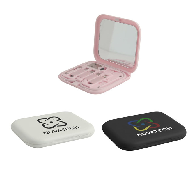 A compact mirror with a pink case, featuring two additional cases in black and white, all with logos.
