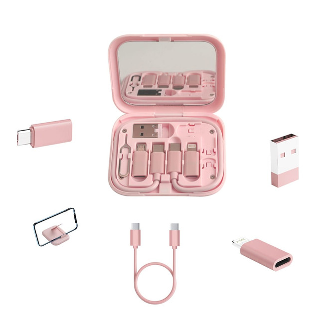 A pink charging data cable kit includes various connectors and a mirror inside a compact case.