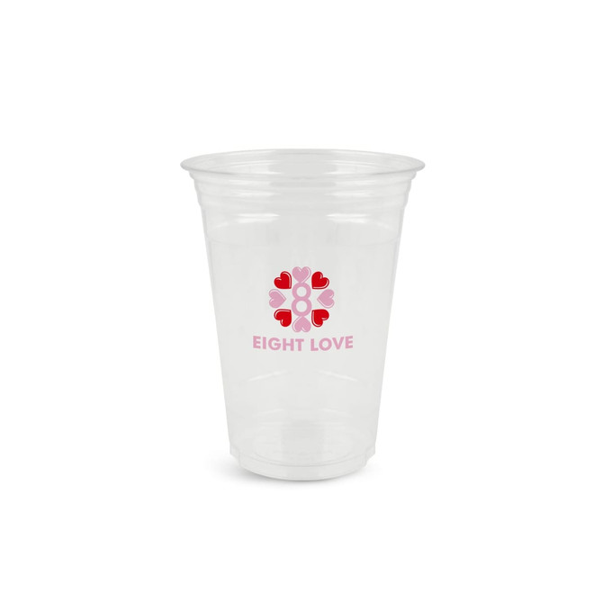 A clear plastic cup with a logo featuring hearts and the text 'EIGHT LOVE'. Suitable for various beverages. A clear plastic cup with a logo featuring hearts and the text 'EIGHT LOVE'. Suitable for various beverages.