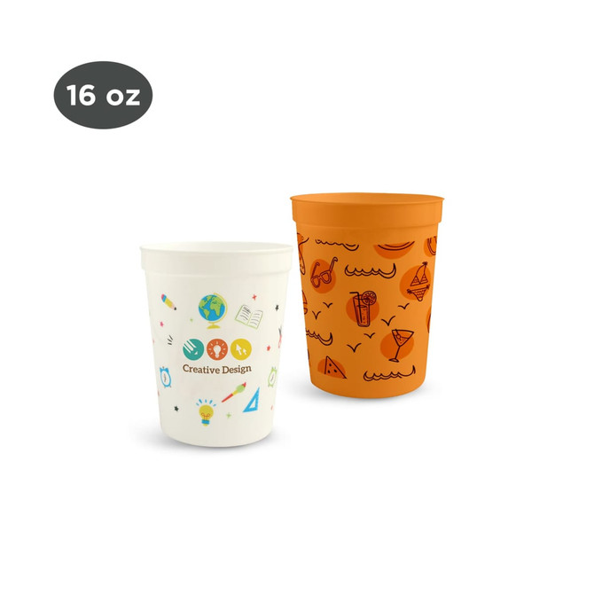 A 473ml plastic stadium cup in orange with patterned graphics and a white cup featuring a creative design and illustrations.