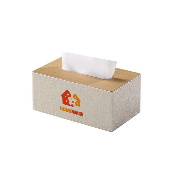 A medium tissue box with a textured beige fabric cover and a wooden top, featuring a logo on the front.