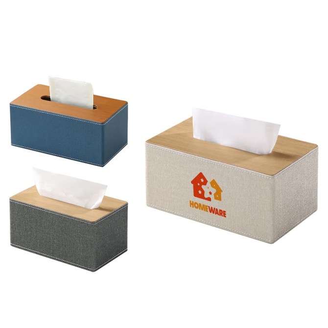 A large tissue box featuring a wooden top, available in blue, grey, and cream fabric. Includes a logo.