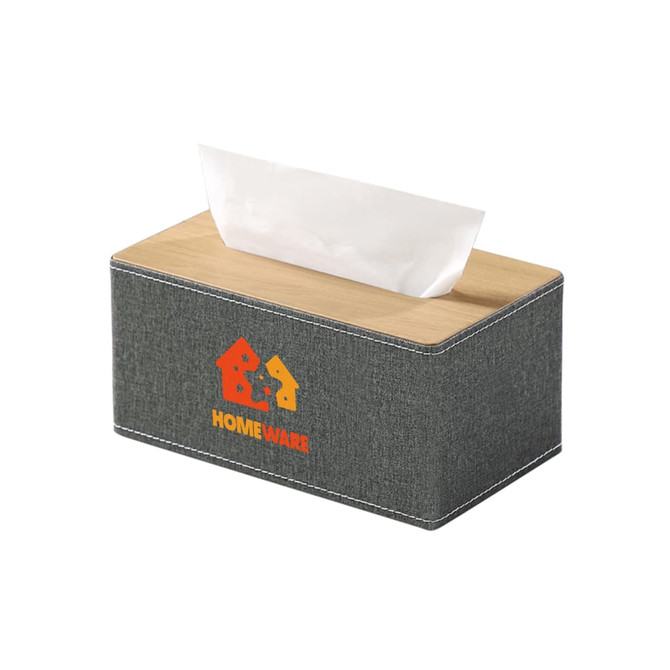 A large tissue box with a grey fabric exterior and a wooden top, featuring a logo on the front.