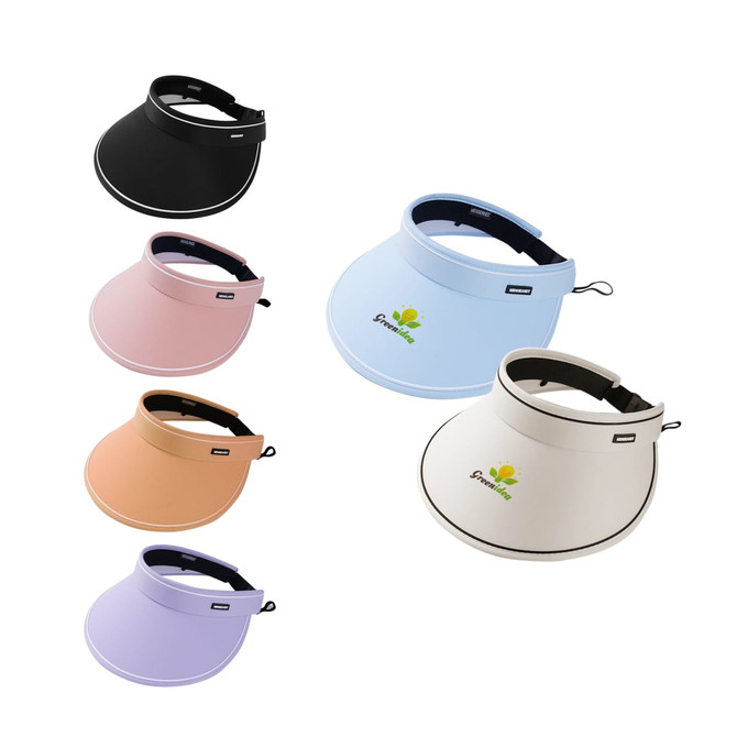 Wide brim sun visor hats in black, pink, peach, purple, and white, featuring a logo on each.