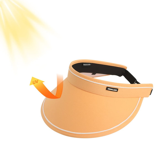 A wide brim sun visor hat in orange with a black adjustment strap, featuring a logo. Designed for sun protection.