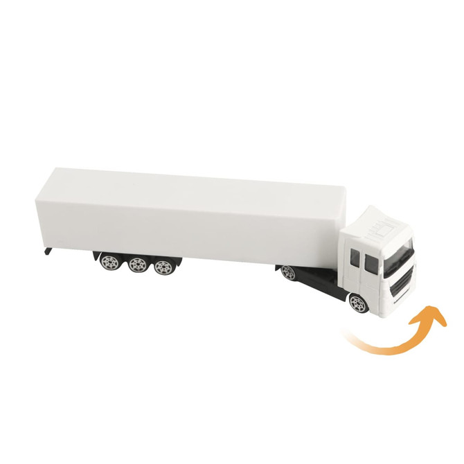 A white and black toy truck with a detachable trailer, featuring a logo on the side.