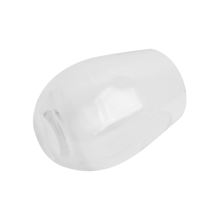 An egg-shaped glass cup in clear glass, featuring a smooth, rounded design. It has a logo present on the surface.