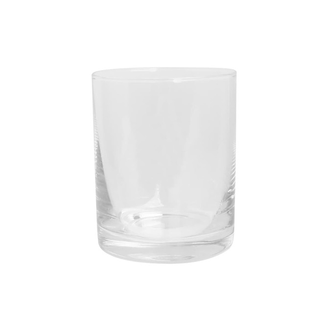 A clear glass whiskey glass with a smooth, cylindrical shape and a subtly thick base.