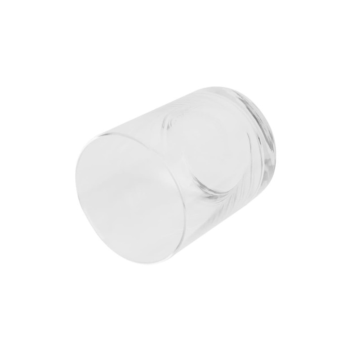 A clear whiskey glass featuring a classic cylindrical shape and a smooth finish. The glass has a subtle swirl design.