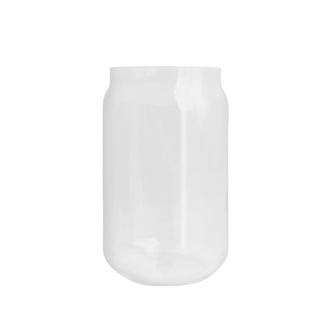 A transparent, can-shaped glass cup with a smooth surface, suitable for various beverages.