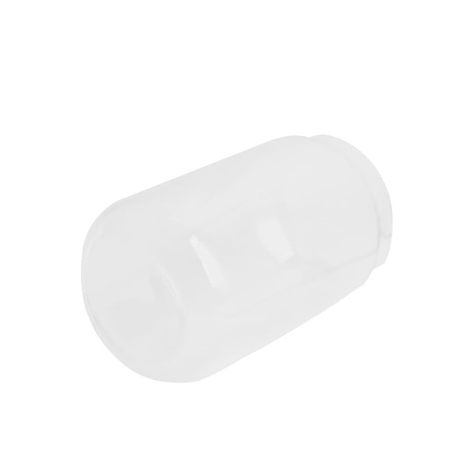 A can-shaped glass cup, clear and smooth, featuring a rounded bottom and a slightly tapered top.