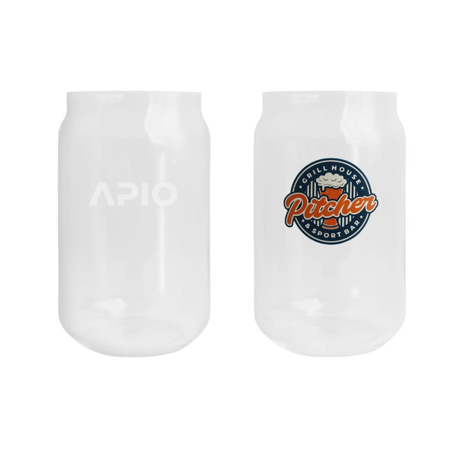 A drink bottle in a can shape, featuring clear glass with a logo. The design is simple and modern.