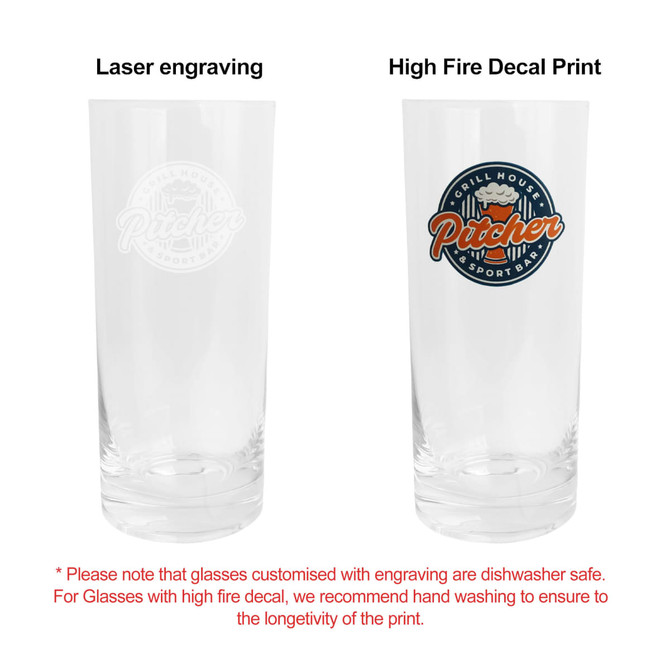 A tall, clear beer glass featuring a logo on one side and a laser-engraved design on the other.