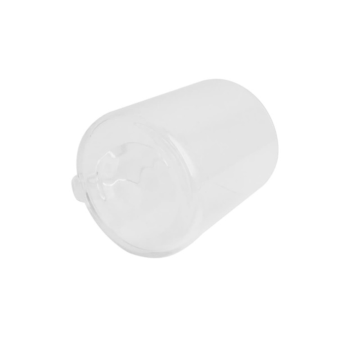 A clear glass mug with a smooth finish, featuring a round base and slight indentation on the edge.