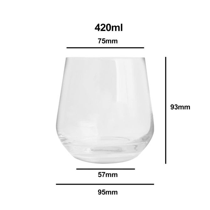 A clear, stemless wine glass with a capacity of 420ml and measurements of 93mm height and 95mm diameter.