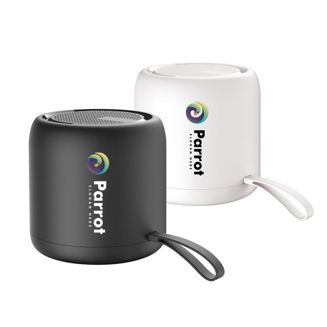 A pair of portable Bluetooth speakers in black and white with a handle, featuring a logo on each.