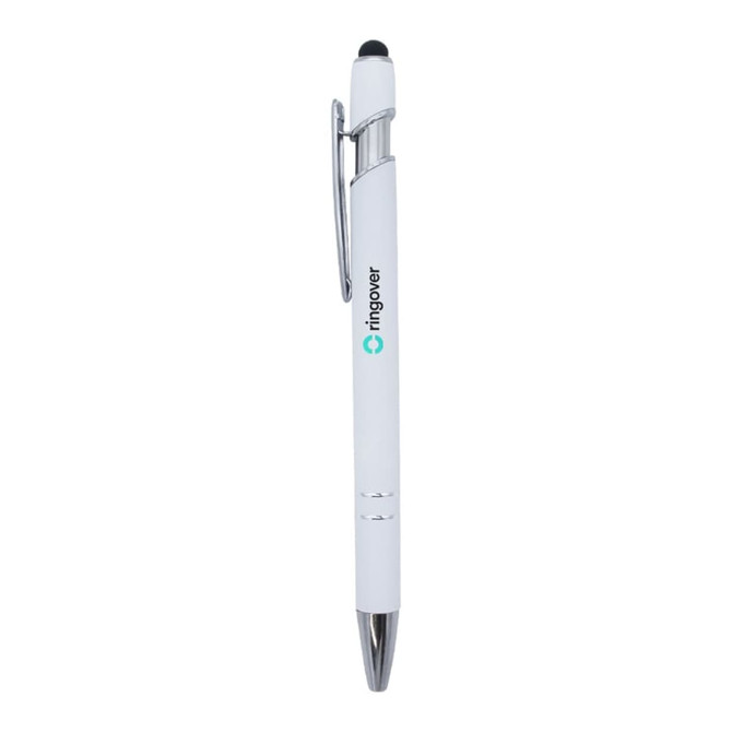 A white metal pen with a silver clip and black stylus tip, featuring a logo on the barrel.