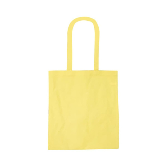 A yellow recycled cotton tote bag with two handles and a simple design. It has a logo on one side.