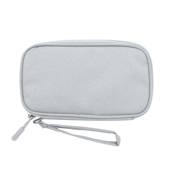 A grey carrying case with a zip closure and a wrist strap, featuring a logo.