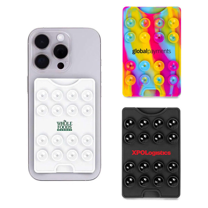A collection of three suction phone wallets: white, colourful with various colours, and black, all featuring logos.